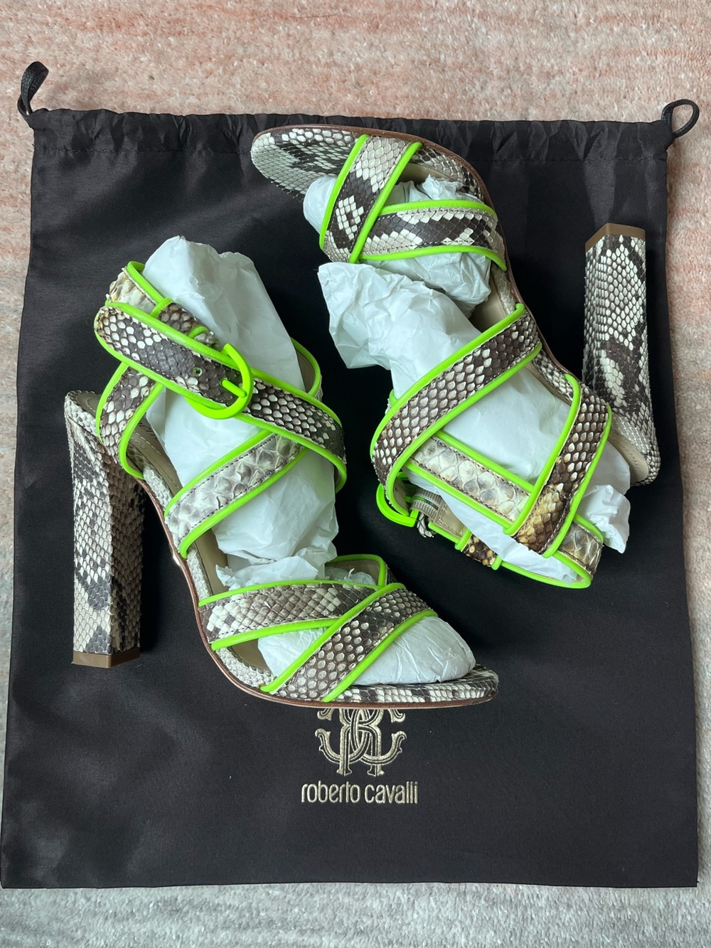 Roberto Cavalli Neon Trim Snake-Print High Heel Sandals